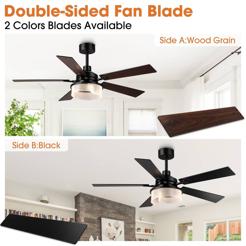 52" Modern Black Reversible 5 Blades Dimmable LED Ceiling Fan with Light and Remote