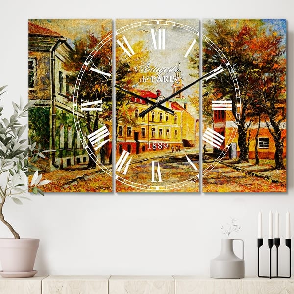 slide 2 of 6, Designart 'Ancient Vitebsk in Autumn' Cottage 3 Panels Oversized Wall CLock - 36 in. wide x 28 in. high - 3 panels