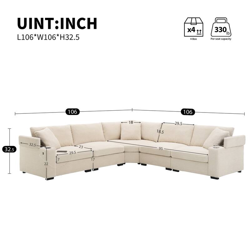 L Shaped Convertible Sectional Sofa w Armrest Storage, Cup Holders, USB