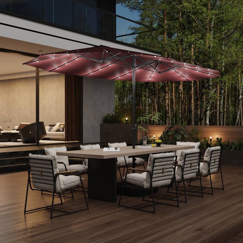 15ft Solar LED Double Patio Umbrella with Base, Extra Large Twin Outdoor Market Umbrella with 36 Lights, 180g Polyester Canopy - Red