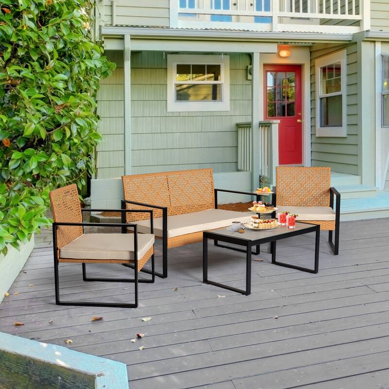 4 Pieces Patio Furniture Set, Outdoor Wicker patio Conversation Sets, Front Porch Furniture Sets for Yard Pool Backyard Garden