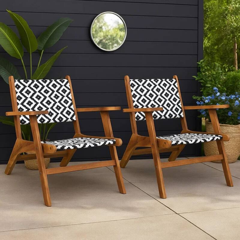 Outdoor Set of 2, Black White Print, Brown Solid Acacia Wood