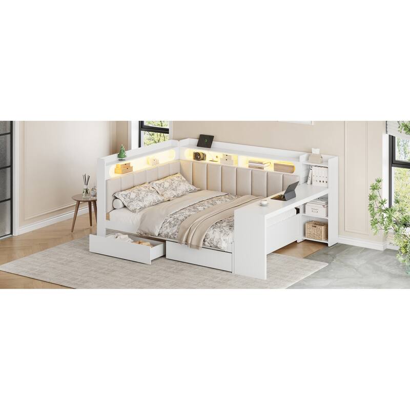 Full Daybed with Storage Shelves Built-in Charging Station LED Light, L-shape Upholstered Sofa Bed with 2 Drawers, Cabinet, Desk