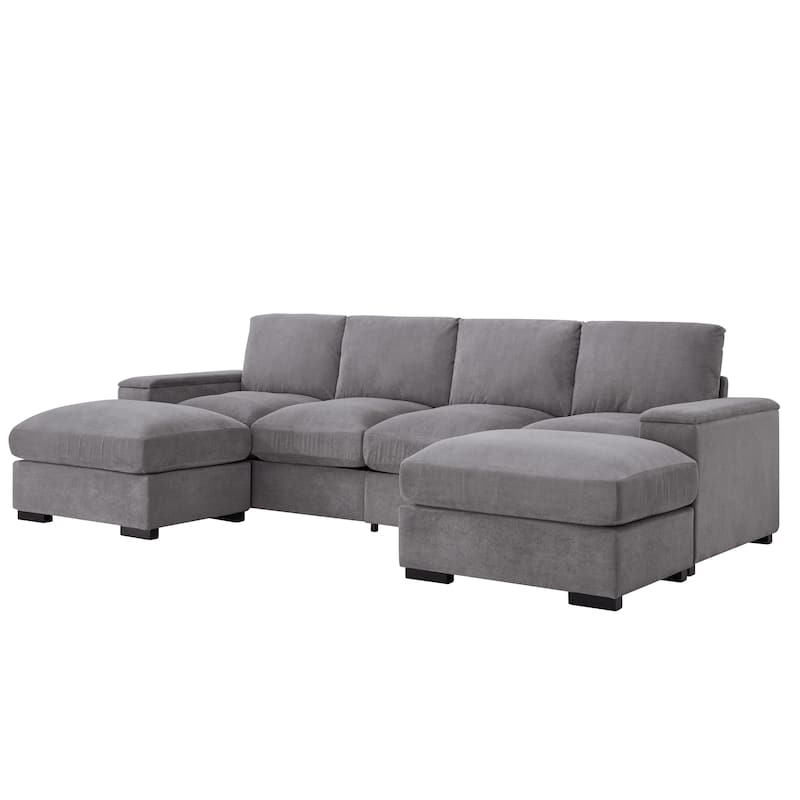 U-Shaped Sectional Sofa with Movable Ottomans, Comfy Corduroy Deep Seat Sofa, Large 4 Seat Sofa with Storage Armrests
