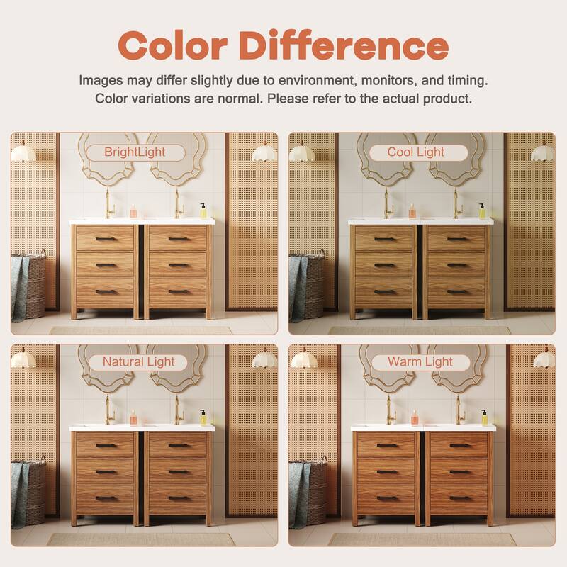 GDFStudio - Carrwood Modern Freestanding Double Bathroom Vanity Set with Single Ceramic Basin and Multi-Drawer Storage, Set of 2