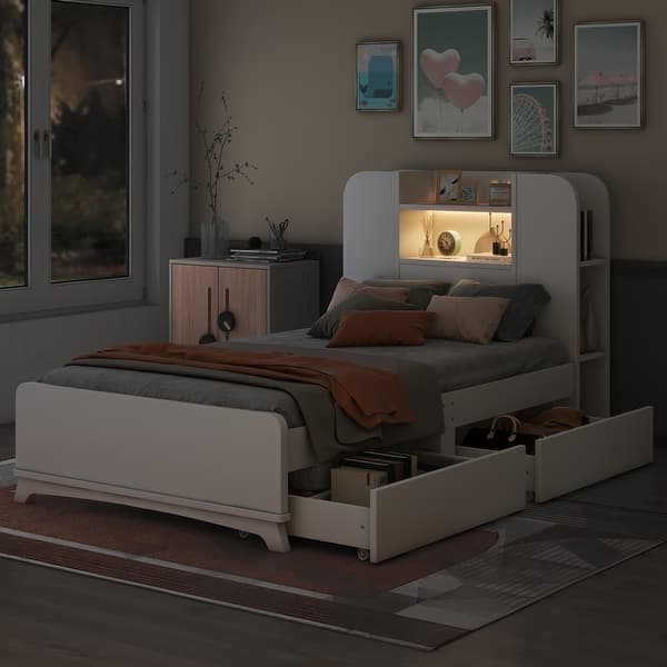 slide 2 of 15, Twin Bookcase Platform Bed Frame with Drawers - White White - Twin