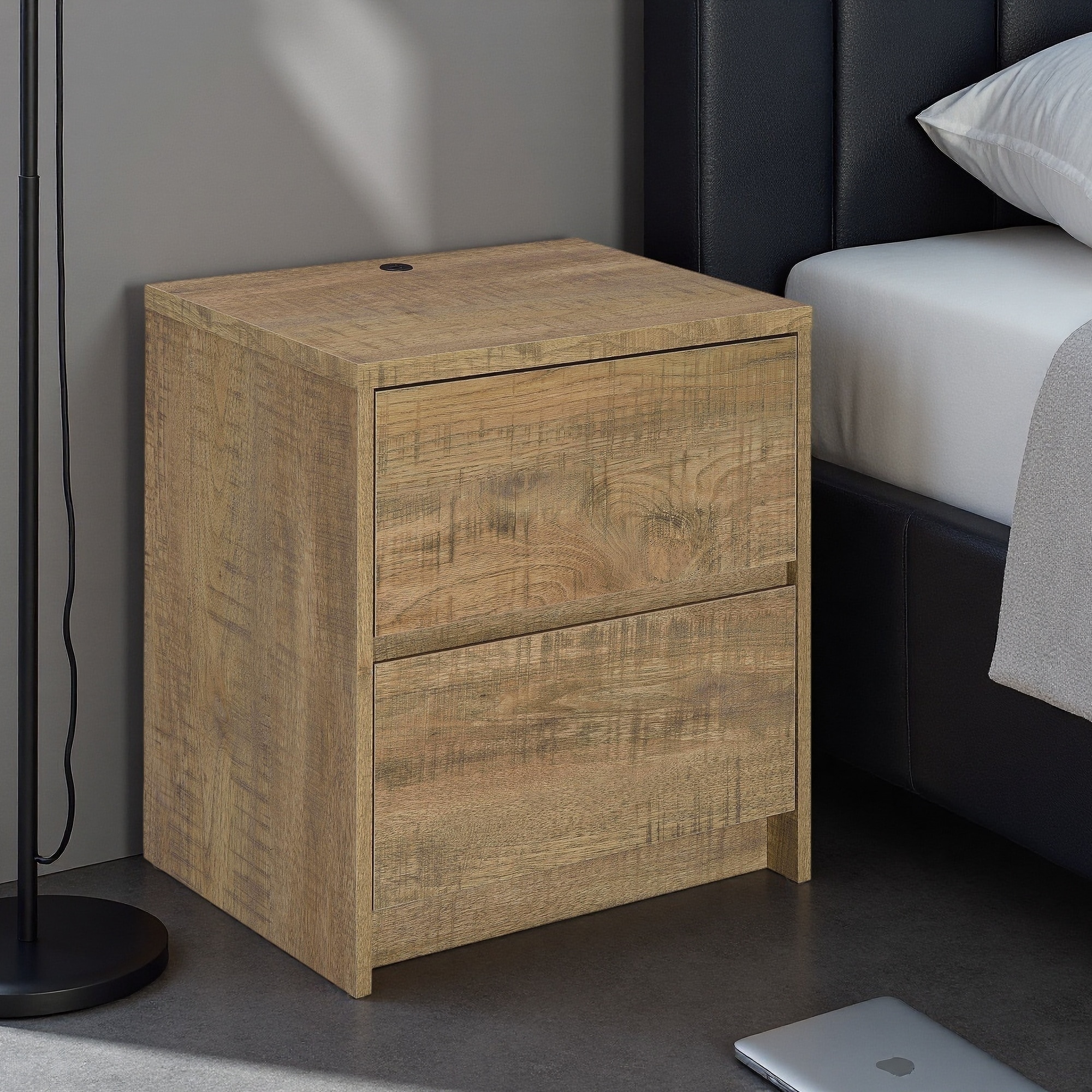 19.75"L Engineered Pine Nightstand, 2 Drawers, LED Motion Light, Dual USB Ports