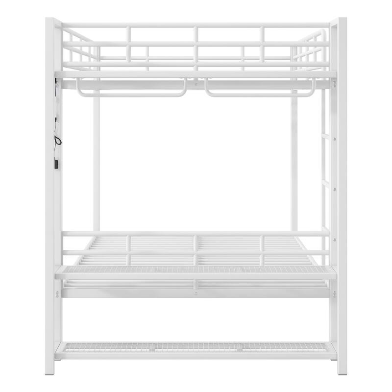 Full Over Full Size Bunk Bed with Storage Mesh Shelves and Clothes Hooks, LED Light - Metal Bed Frame with Metal Slat Support