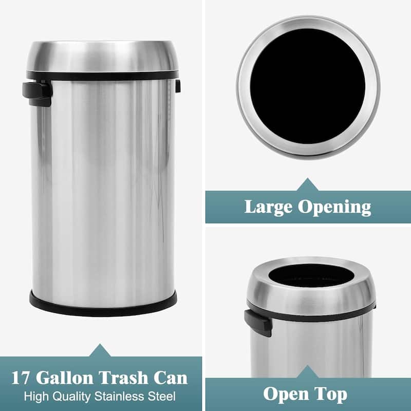 65L/17Gal Open Top Trash Can, Heavy Duty Stainless Steel Rubbish Bin