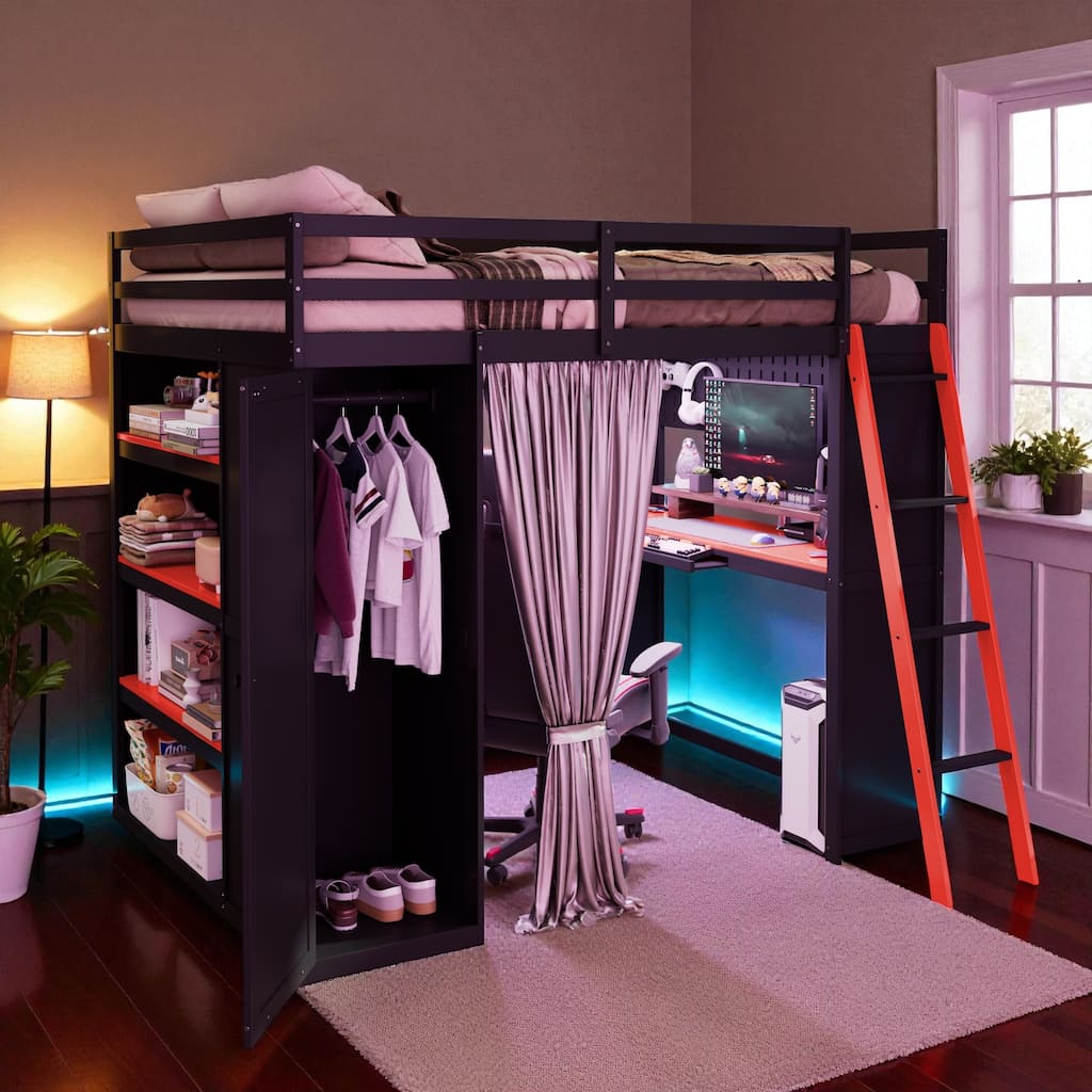 Full Size Loft Bed with Wardrobe, Desk, Shelves, Blackout Curtains & RGB Lights, Workstation with USB Port