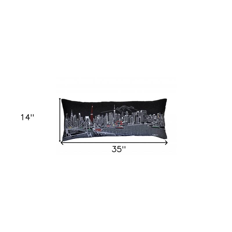 HomeRoots 35" Black Tokyo Nighttime Skyline Lumbar Decorative Pillow