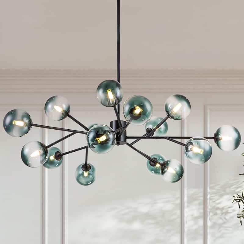15-Light Modern Linear Sputnik Kitchen Island Light Branch Cluster Glass Globe Bubble Chandelier - Gradient Blue Glass - Matte Black