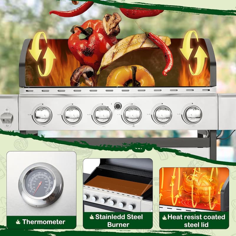 Outdoor BBQ Gas Grill - 58K BTU, Stainless Steel, with Stove & Side Table, perfect for camping, picnics, and gatherings