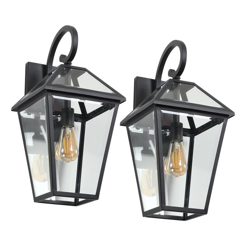 21"(H) 2-Pack Outdoor Wall Lantern Light - Modern Black Metal & Clear Glass Sconce for Porch, Patio(Bulb Not Included)