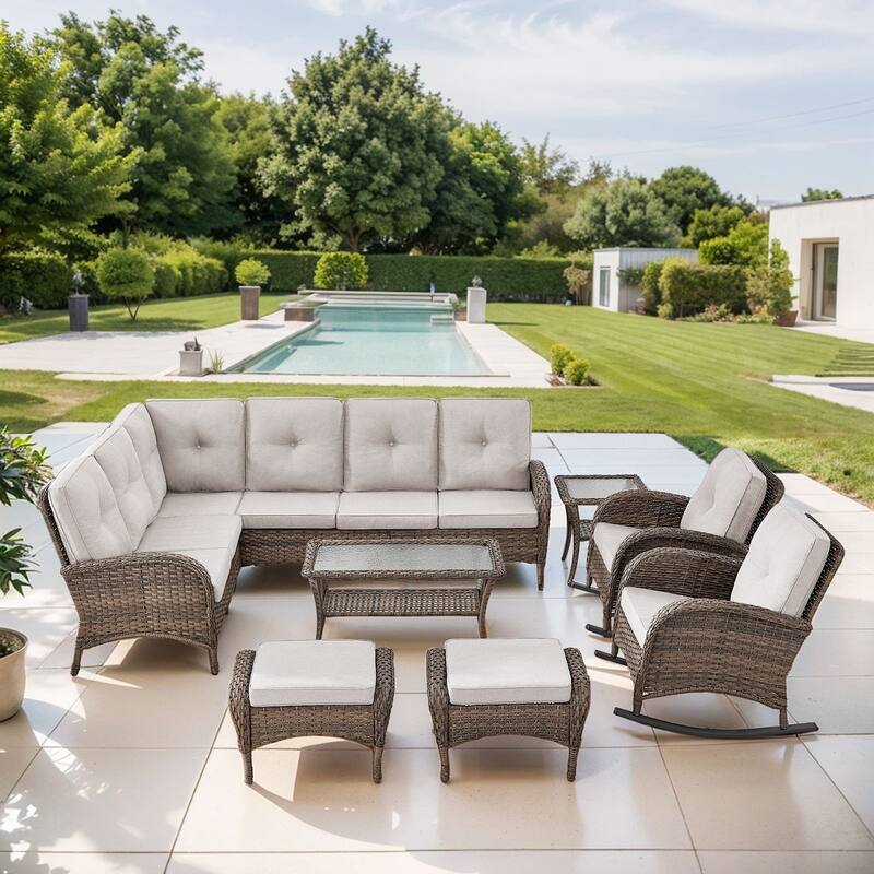 Gymojoy L-Shaped Outdoor Sectional Sofa Set, PE Wicker Couch with Water-Resistant Olefin Cushions - 7-Piece included Rocking Chairs - Beige