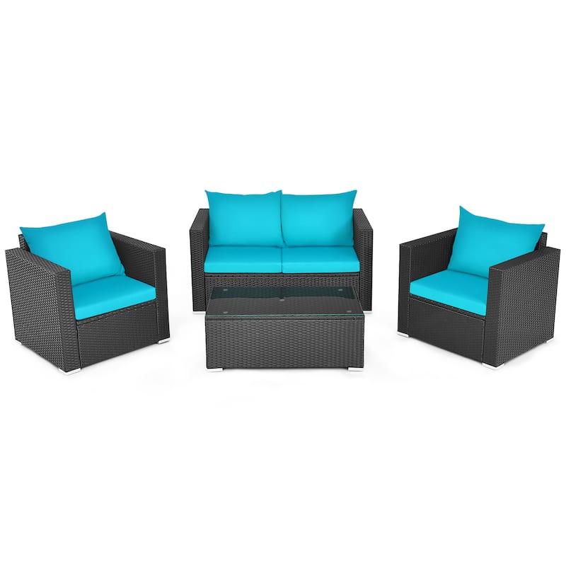 Gymax 4PCS Rattan Patio Conversation Set Outdoor Furniture Set w/