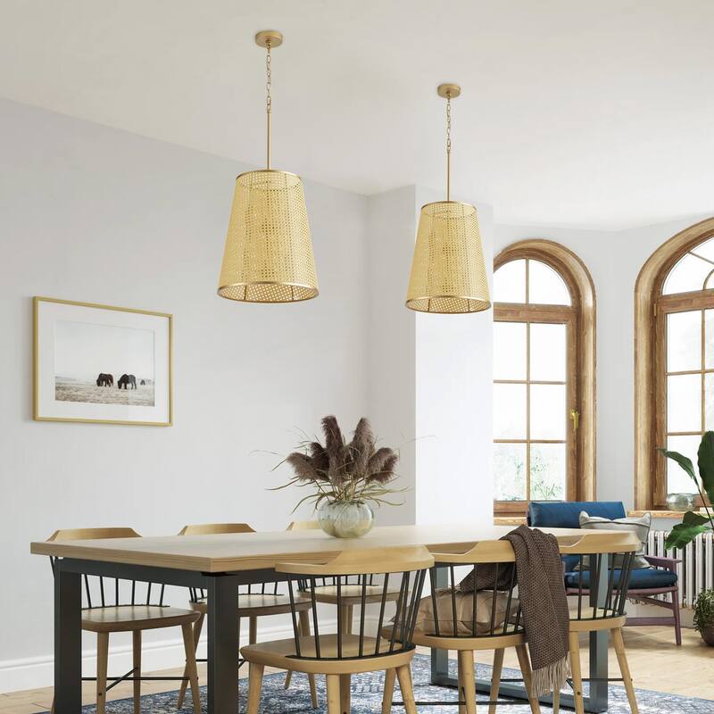 Farmhouse Gold 6-Light Pendant Light Fixture with Plastic Woven Lampshade