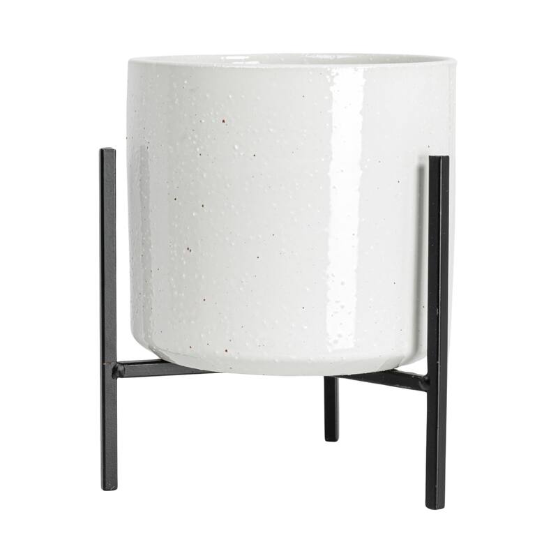 White Stoneware Flower Pot with Black Metal Stand