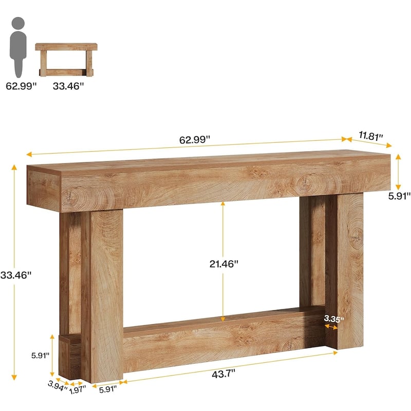 Farmhouse Console Table 63 Inch Engineered Wood MDF Entryway Living Room Hallway Sofa Table with Rustic Wood Finish