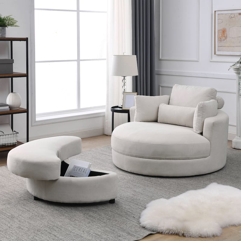Welike Swivel Accent Barrel Modern Grey Sofa Lounge Club Big Round Chair with Storage Ottoman - Beige