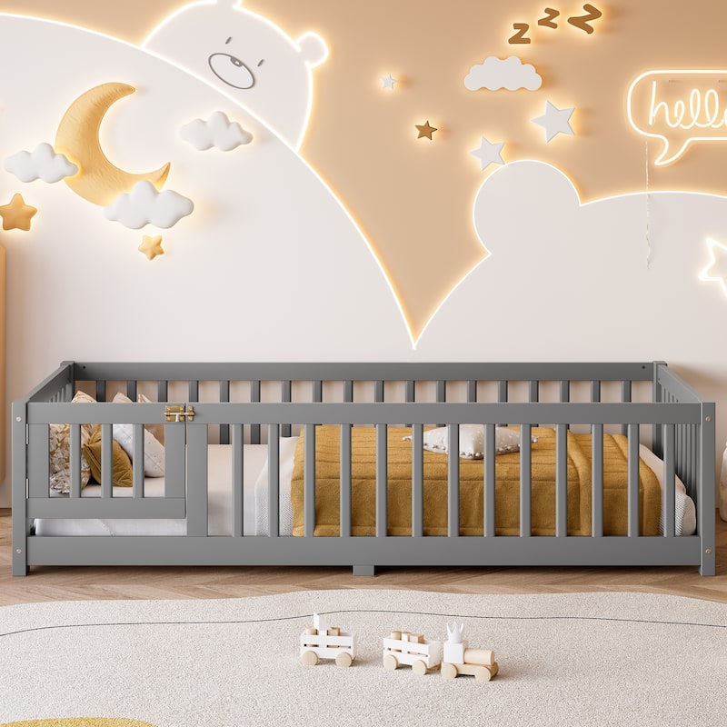 Twin Size Bed Floor Bed with Safety Guardrails and Door for Kids - Gray