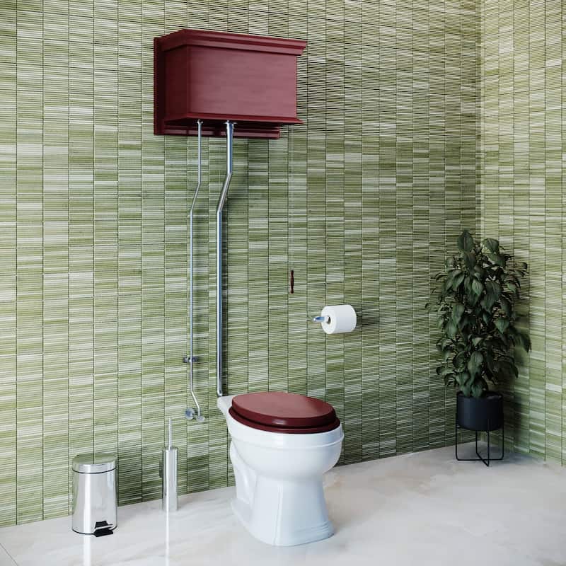 Cherry Wooden High Tank Toilet Flat Tank, Elongated White Bowl and Satin Plated L Pipe