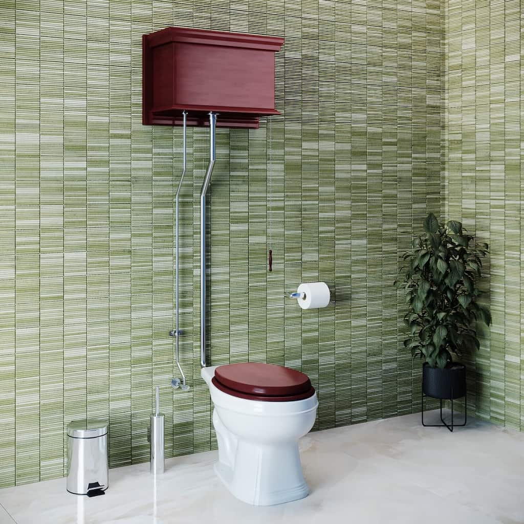 Cherry Wooden High Tank Toilet Flat Tank, Elongated White Bowl and Satin Plated L Pipe