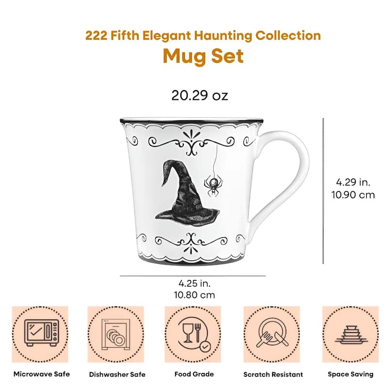222 Fifth Elegant Haunting 4-Piece White Porcelain Halloween Mug Set - Witch Hat, Jack-o'-Lantern, Potion & Spider - 20.29 oz