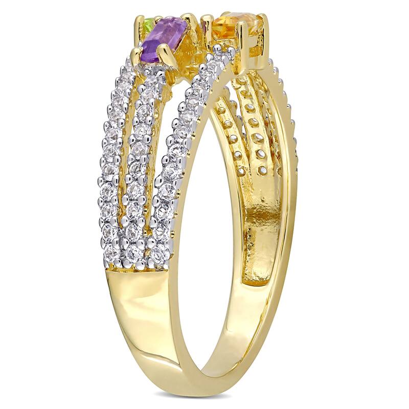 Multi Color Citrine, Peridot, Amethyst & White Topaz Multi Row Ring in Yellow Plated Sterling Silver by Miadora