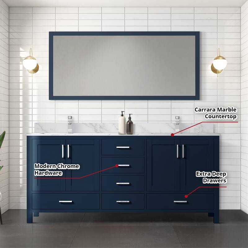 Jacques 72 in. W x 22 in. D Navy Blue Double Bath Vanity, Carrara Marble Top, and 70 in. Mirror