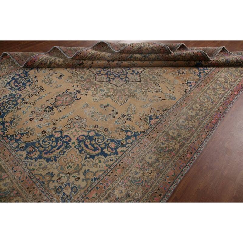 Vintage Distressed Mashad Persian Area Rug Hand-knotted Wool Carpet - 7'11" x 11'1"