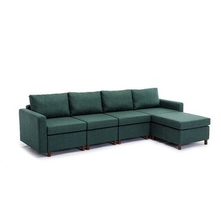 4 Seat Module Sofa Set L-shape Linen Fabric Couch w/ Ottoman, Green ...