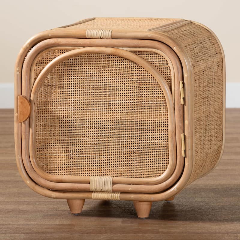 Keita Bohemian Natural Rattan and Mahogany Wood Nightstand
