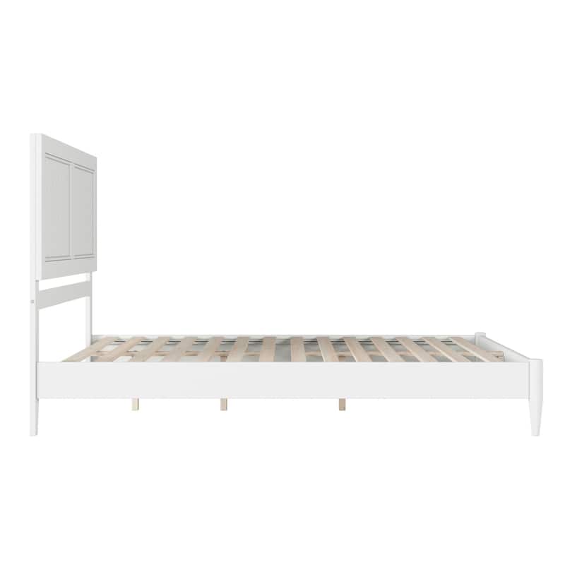 Solid Wood Low Profile Platform Bed with USB Port - Gothic Glamour Design, White Finish