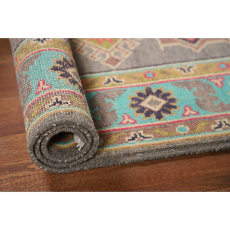 Gray Kazak Foyer Rug Hand-Knotted Geometric Wool Carpet - 2'8"x 3'9"