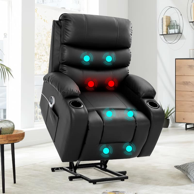 Oversized Power Lift Recliner Chair with Massage & Heat, PU Leather, USB Port, Cup Holders & Pockets - Style 2 - Black