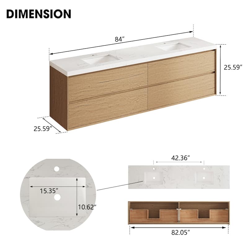 Sylphar 84 inch Bathroom Vanity with Sink, Floating Oak Cabinet with Stone Top