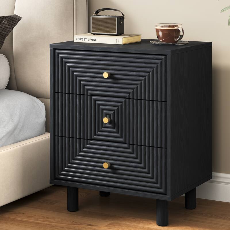Black 3-Drawer Nightstand with Solid Wood Legs