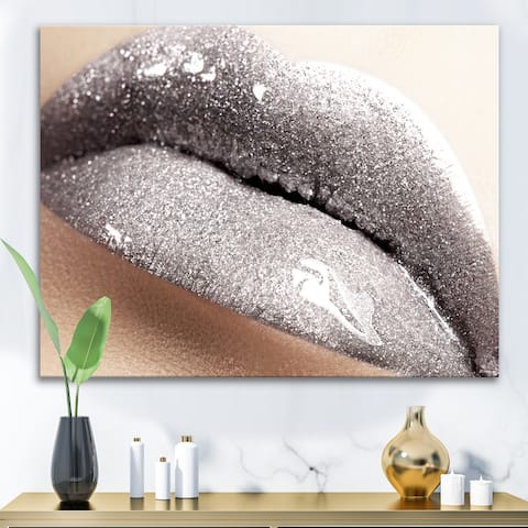 Designart "Close Up of Woman Lips With Glittering Silver" Modern Canvas Wall Art Print