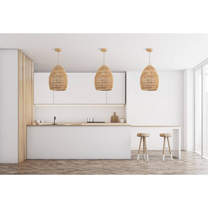 Perio Brown Rattan Pendant Light – Medium Rattan Pendant Lighting Fixture for Kitchen & Bedroom in Modern, Scandinavian Style