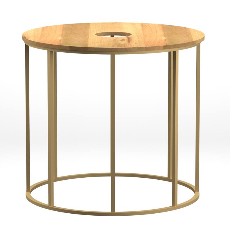 19 in. Brown and Brass Round Wood End Table, Sturdy Build End Side Table for Living Rooms