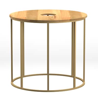 19 in. Brown and Brass Round Wood End Table, Sturdy Build End Side Table for Living Rooms