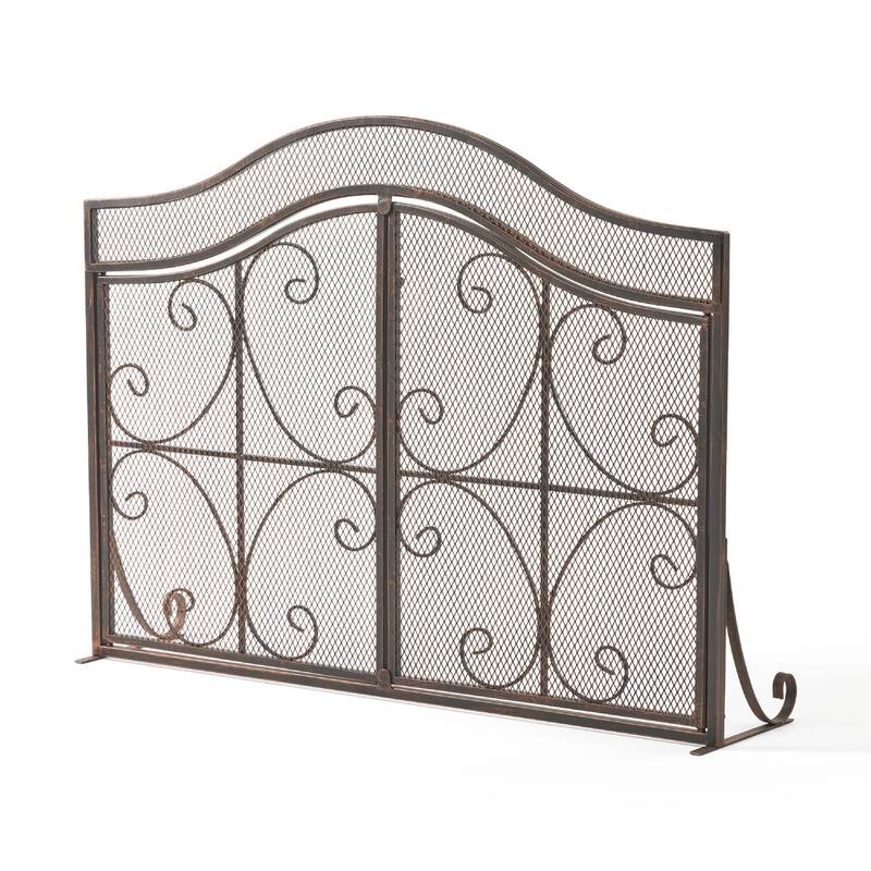 Fireplace Screen, 3 Panels 2 Doors, Black Copper Diamond Mesh Scrolled