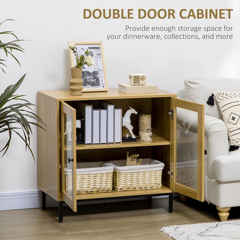 HOMCOM Kitchen Cabinet, Floor Storage Cabinet with Double Glass Doors, Metal Legs, Oak