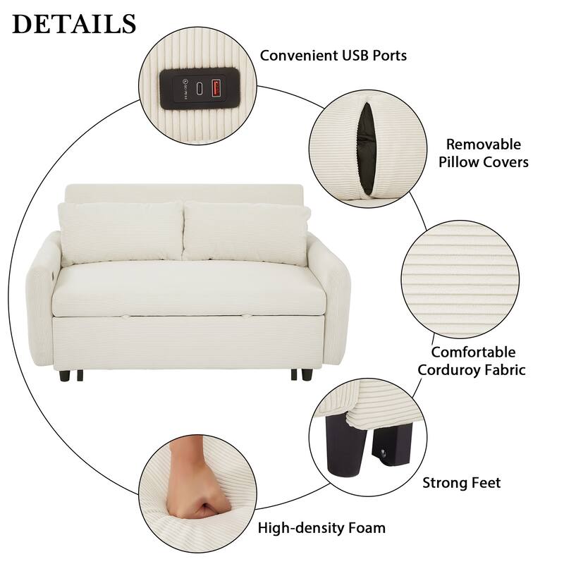 57.48" Corduroy Convertible Sofa Bed with Pull-Out Sleeper, Adjustable Backrest & USB
