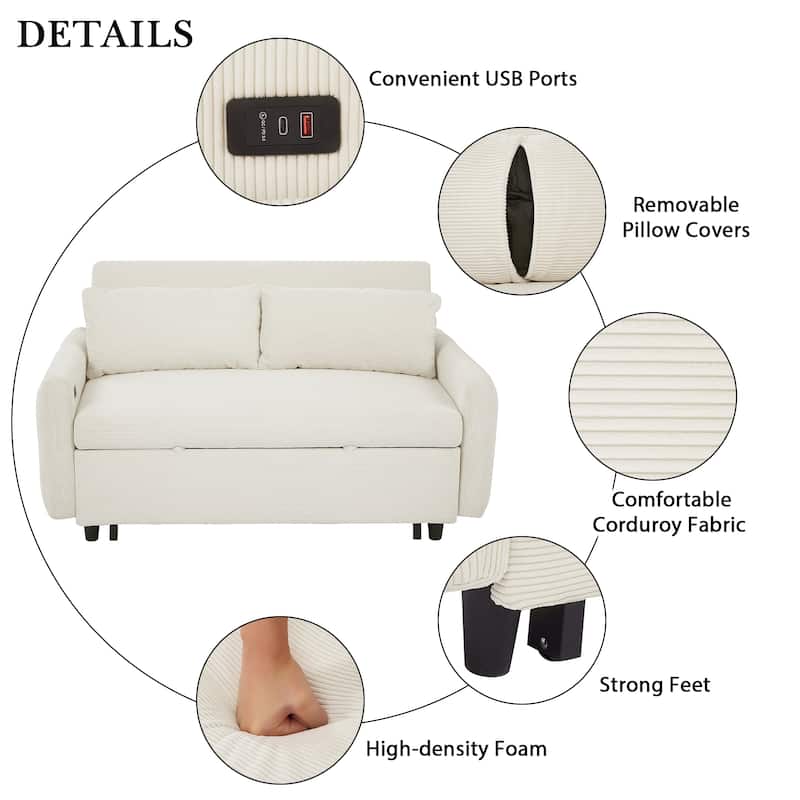 Pull Out Loveseat Sofa Convertible Sleeper LoveSeat Bed, Corduroy Recliner Sofa w2 Pillows & USB Ports 2-seat Armchair聽