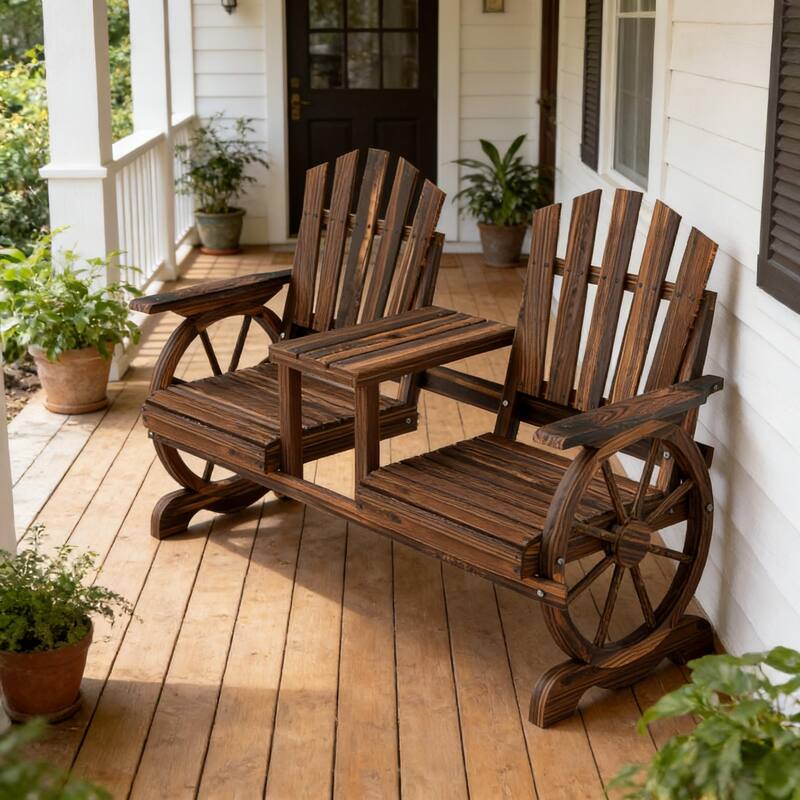 GDFStudio Outdoor Rhiannon Fir Wood Wagon Wheel Garden Bench with Center Table and Parasol Hole