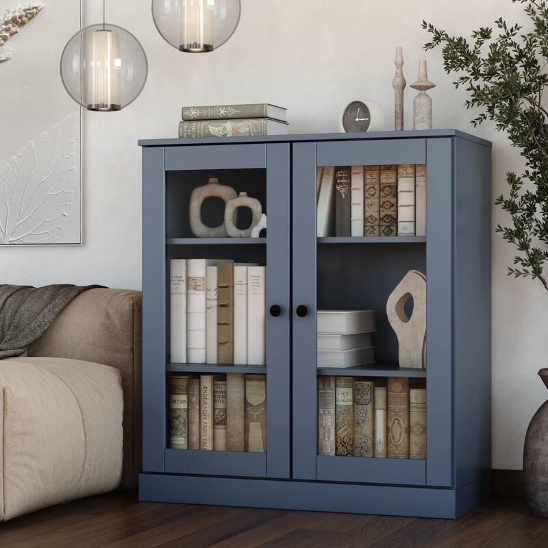 Palace Imports 100% Solid Wood 3-Shelf Bookcase, Clear Glass Doors, Adjustable Shelves, 32" Wide, 35.75" Tall - Antique Blue