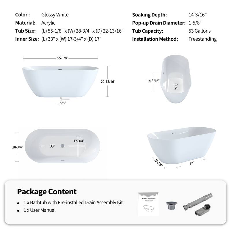 55" Glossy White Oval Acrylic Bathtub