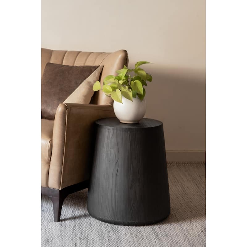 Solid Wood Round End Table with Drum Base Distressed Finish - 15.5” x 13” x 18.5” (D x W x H)